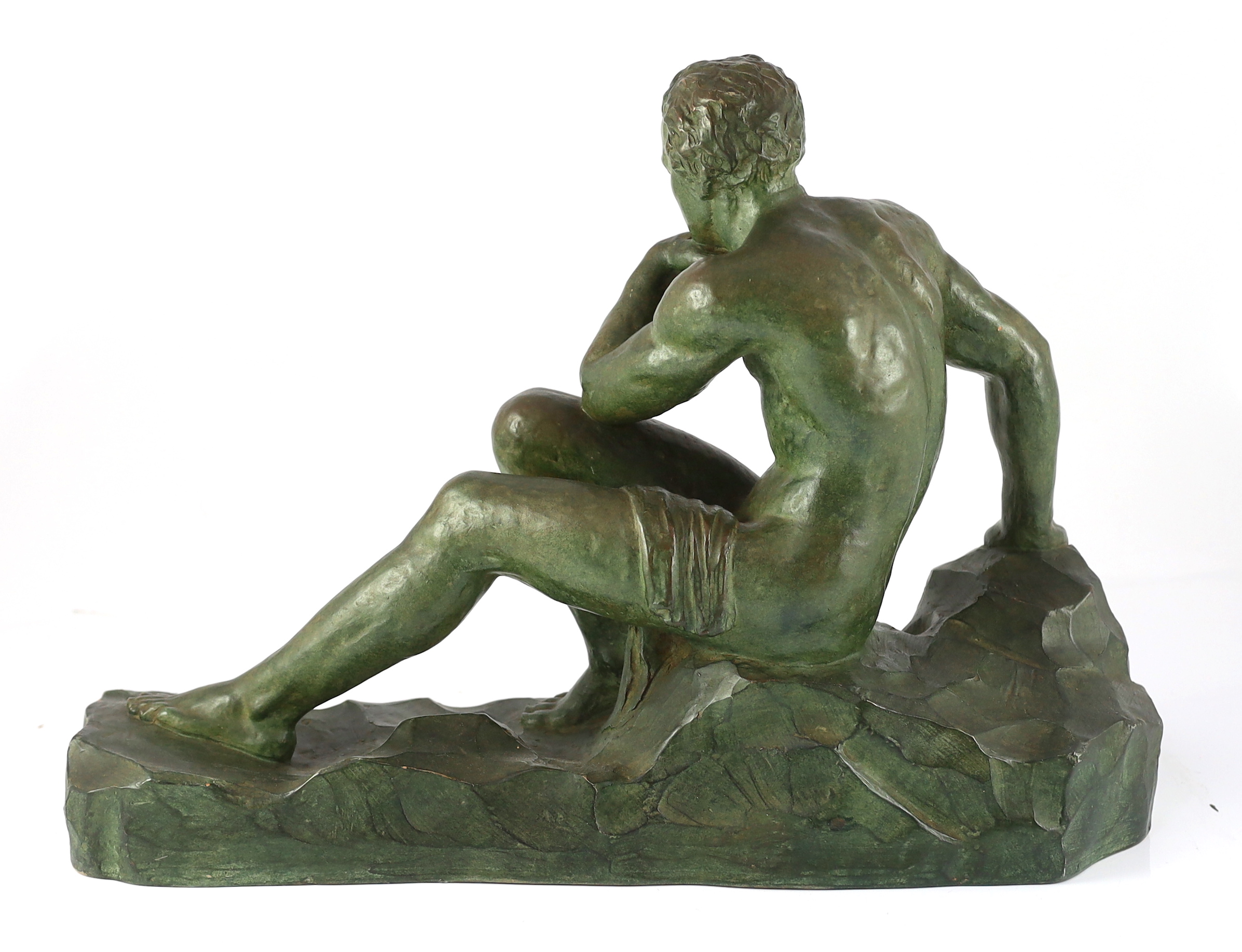 Alexandre Ouline (French, fl.1918-1940). An Art Deco bronzed terracotta sculpture, 50cm wide, 15cm deep, 35cm high